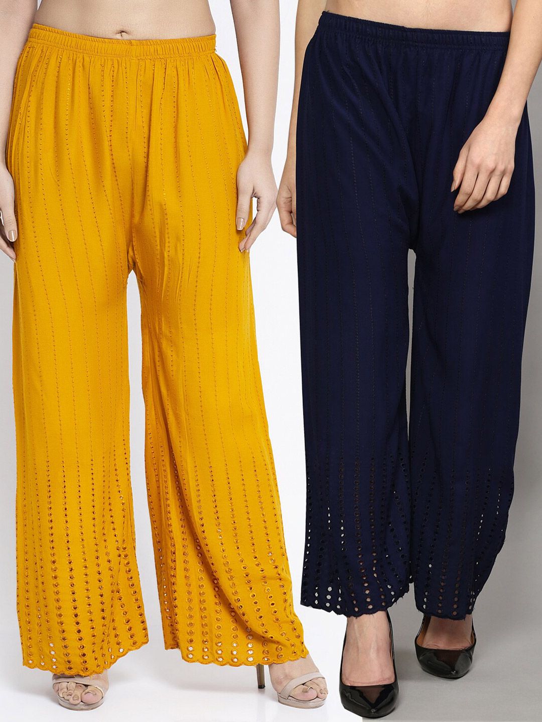 GRACIT Women Navy Blue & Yellow Set Of 2 Flared Knitted Ethnic Palazzos Price in India