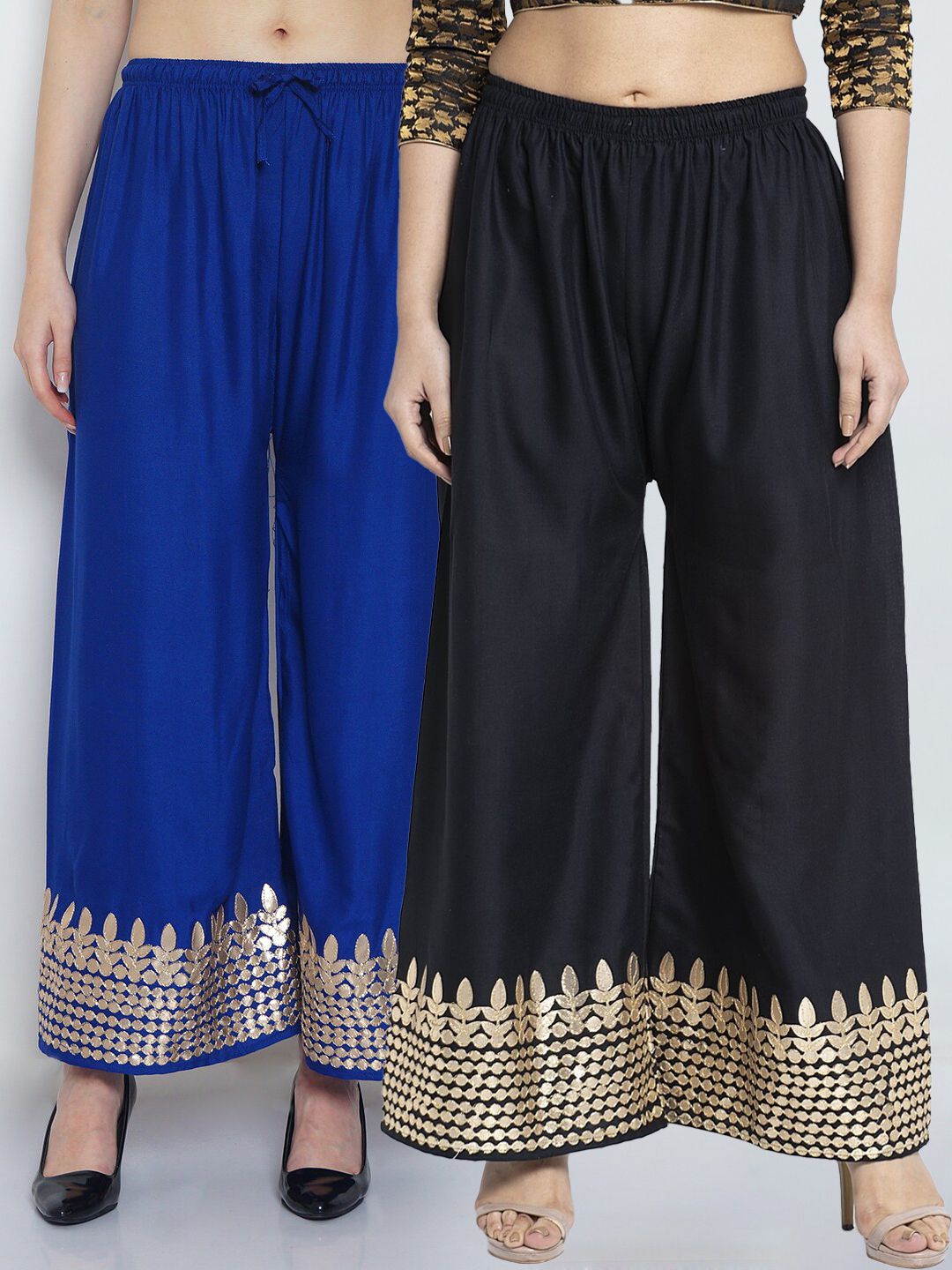 GRACIT Women Black & Blue 2 Embroidered Flared Knitted Ethnic Palazzos Price in India