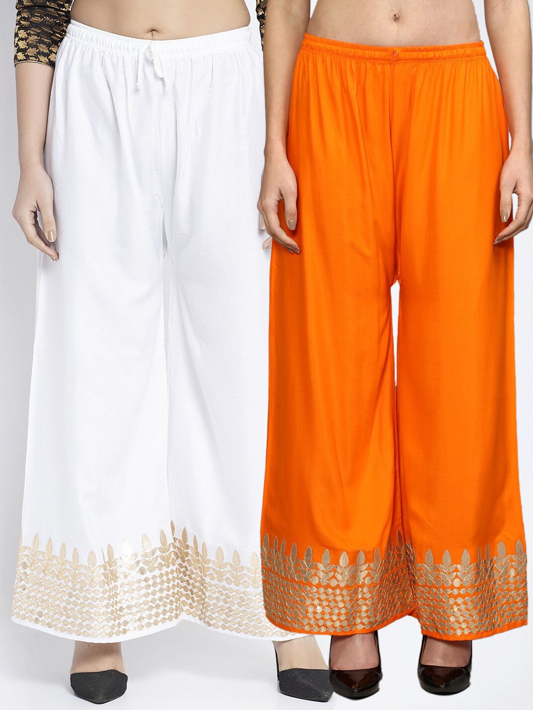 GRACIT Women White & Orange Set of 2 Embroidered Knitted Ethnic Palazzos Price in India