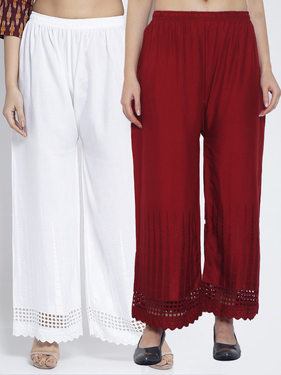 GRACIT Women Set of 2 White & Maroon Embroidered Ethnic Palazzos Price in India