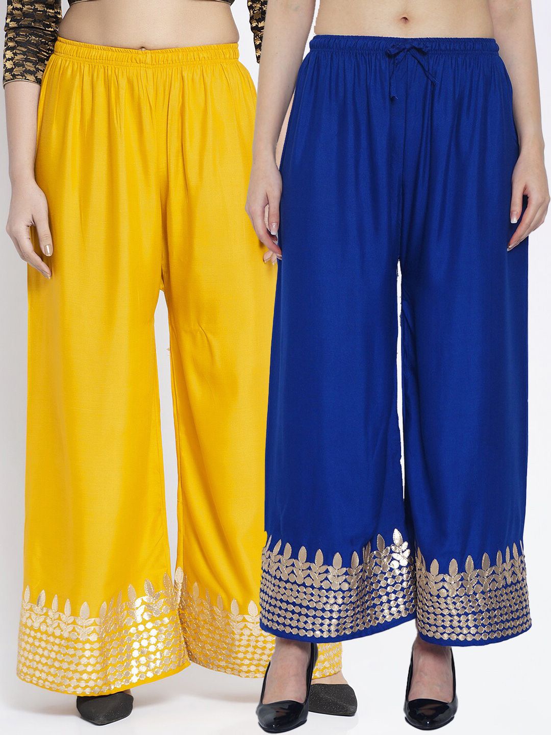 GRACIT Women Pack of 2 Blue & Yellow Embroidered Flared Palazzos Price in India