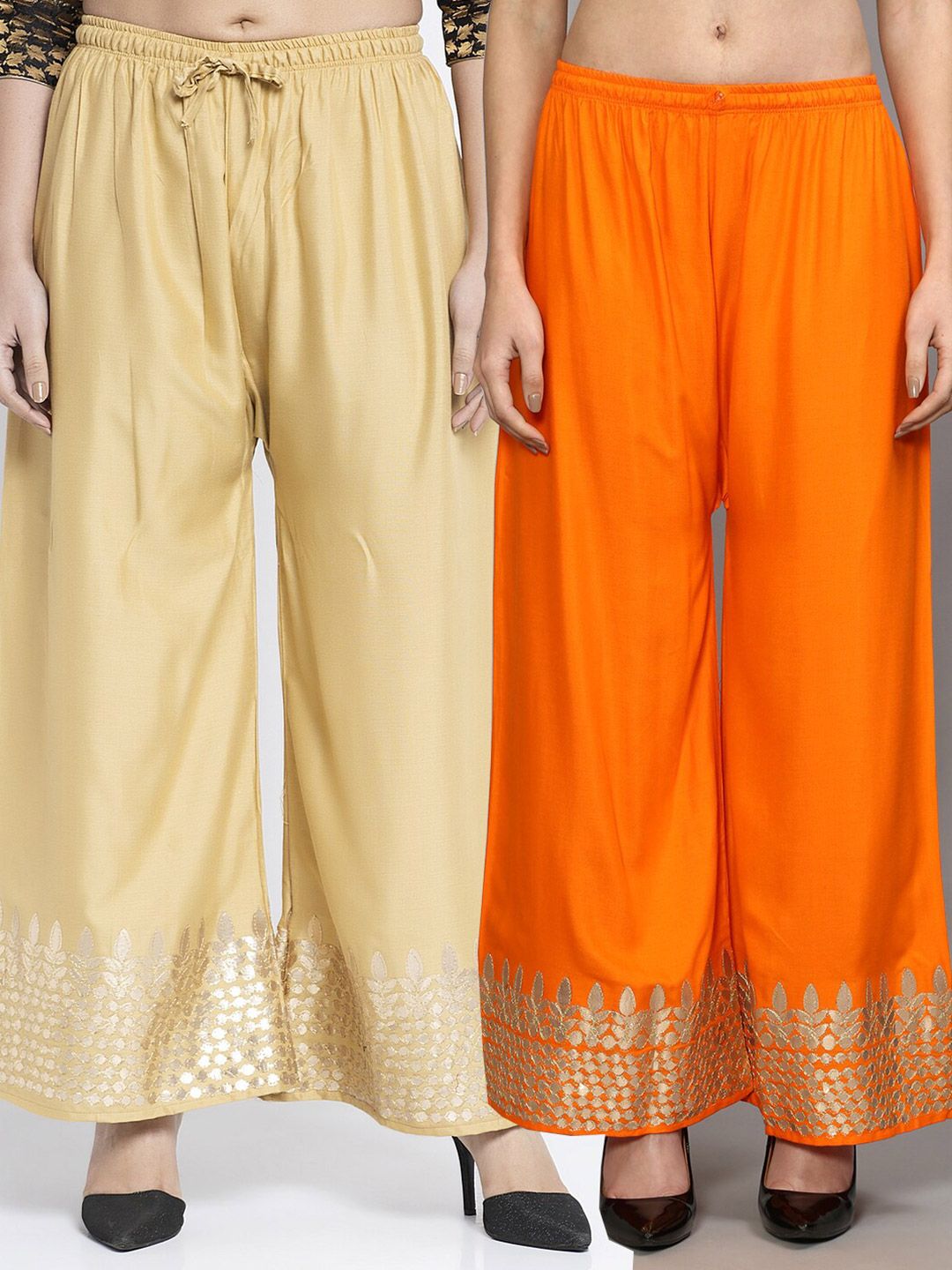 GRACIT Women Orange & Beige 2 Ethnic Motifs Printed Flared Knitted Palazzos Price in India