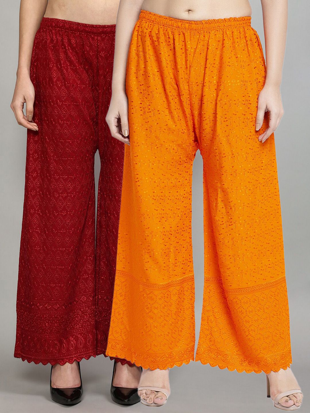 GRACIT Women Orange & Maroon Set Of 2 Embroidered Knitted Ethnic Palazzos Price in India