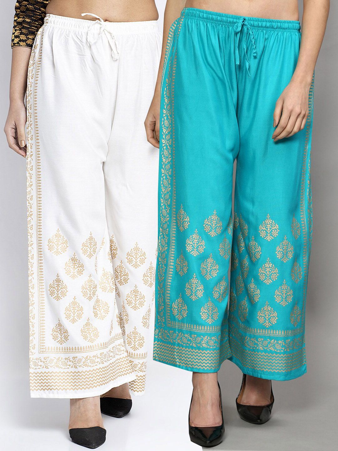 GRACIT Women Turquoise Blue & Off White 2 Printed Flared Knitted Ethnic Palazzos Price in India