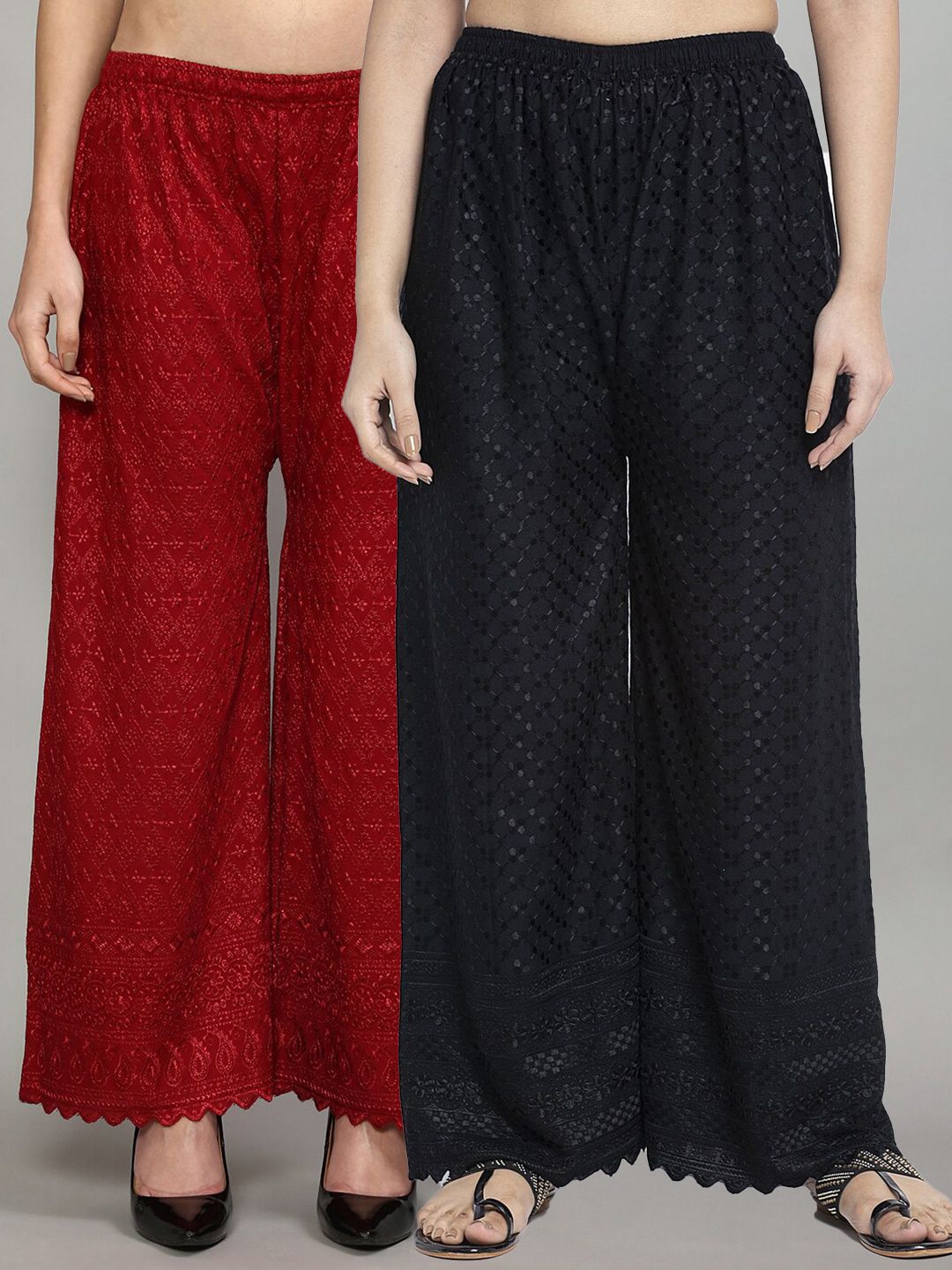 GRACIT Women Pack of 2 Black & Maroon Embroidered Flared Ethnic Palazzos Price in India