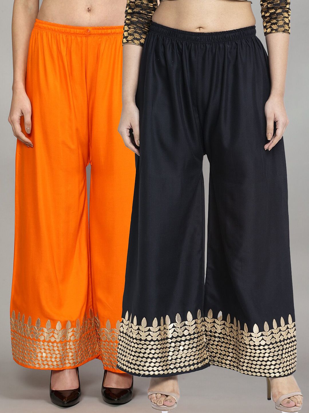 GRACIT Women Black & Orange Gota Patti Embroidered Knitted Ethnic Palazzos Set Of 2 Price in India