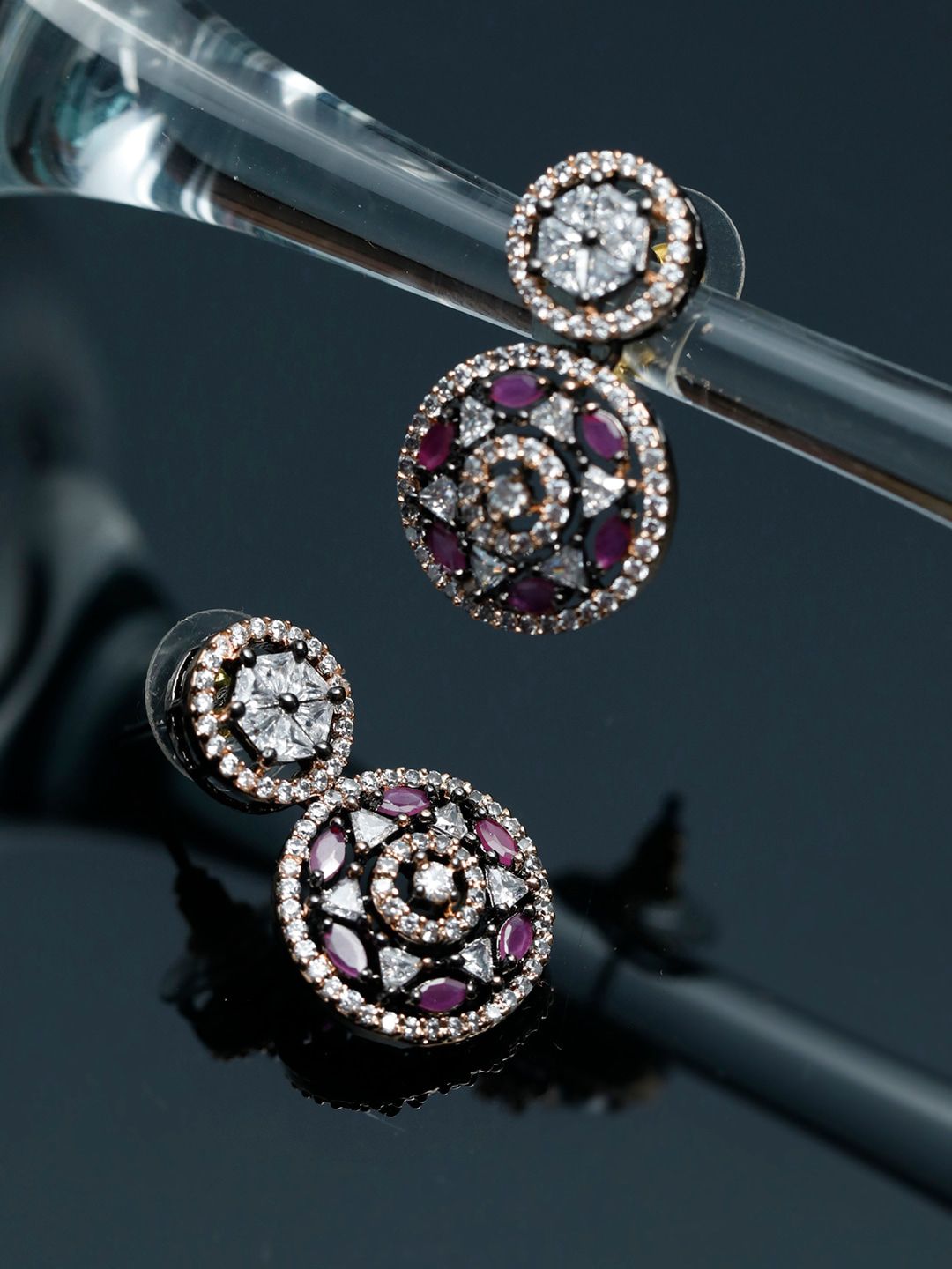 Priyaasi Rose Gold Toned & White American Diamond Drop Earrings Price in India