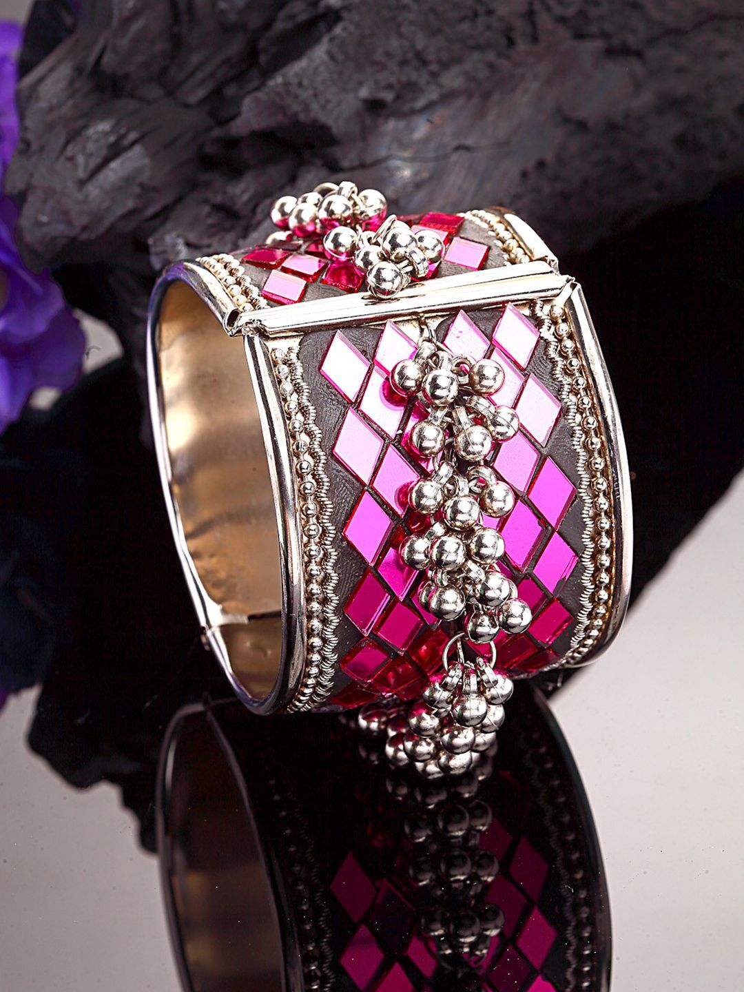 Moedbuille Women & Pink & Silver-Plated Brass Cuff Bracelet Price in India
