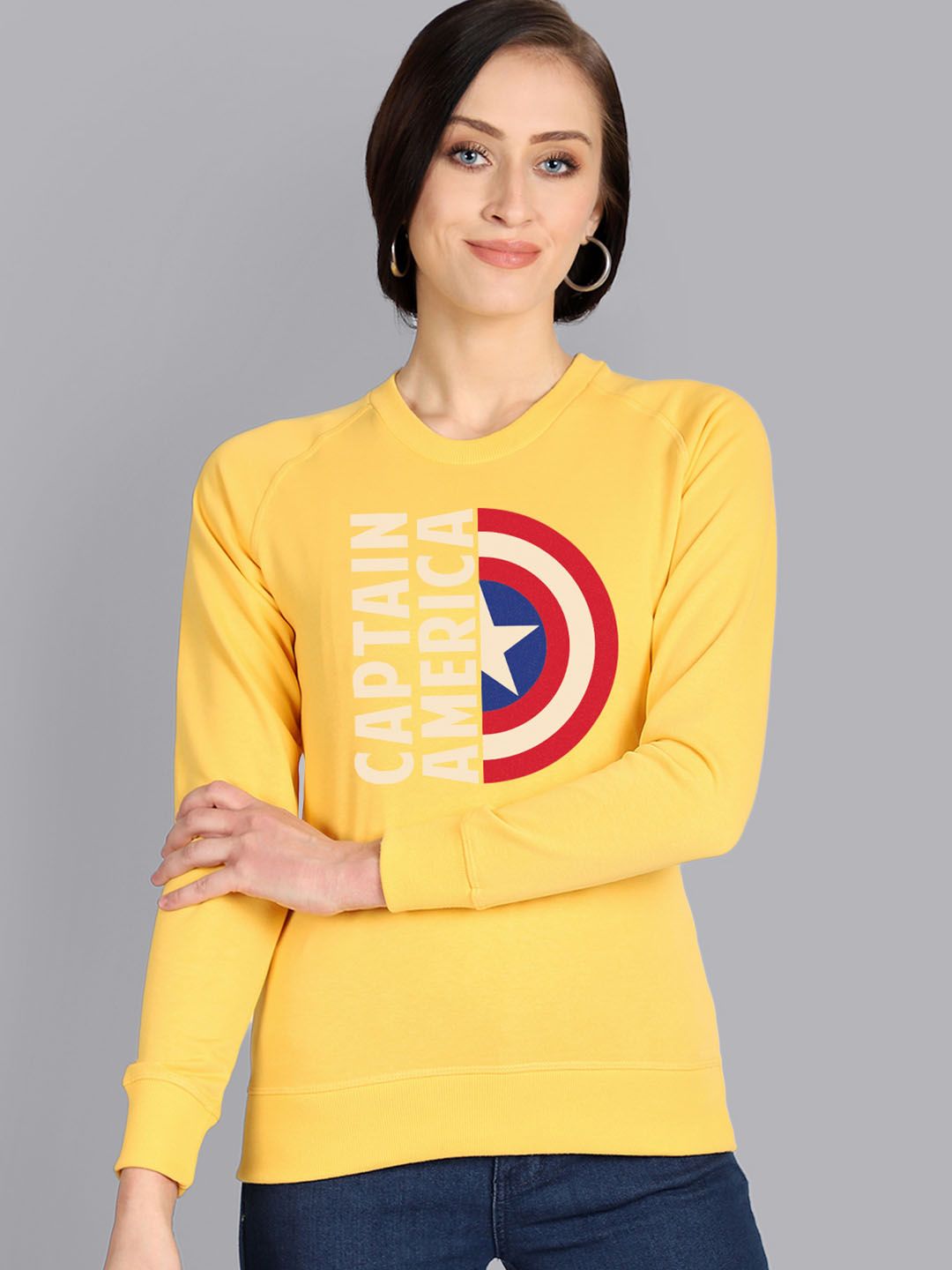 Free Authority Women Yellow Captain America Printed Sweatshirt Price in India