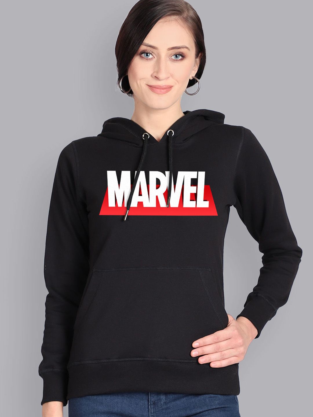 Free Authority Women Black Marvel Printed Hooded Sweatshirt Price in India