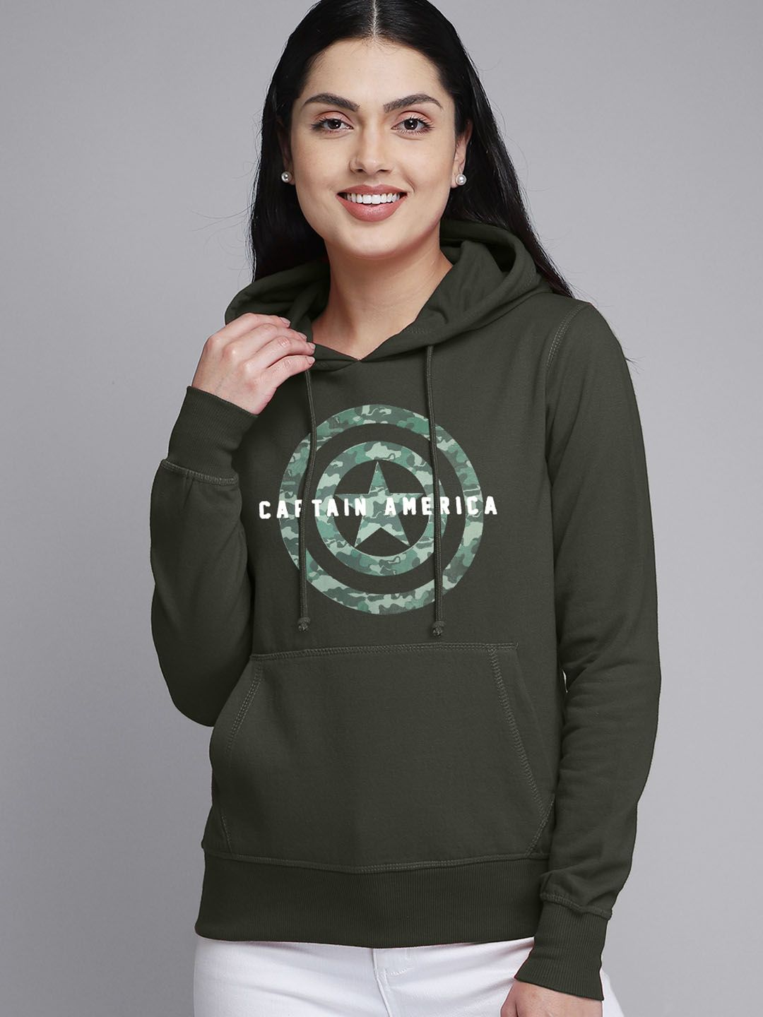 Free Authority Women Olive Green Captain America Printed Hooded Sweatshirt Price in India