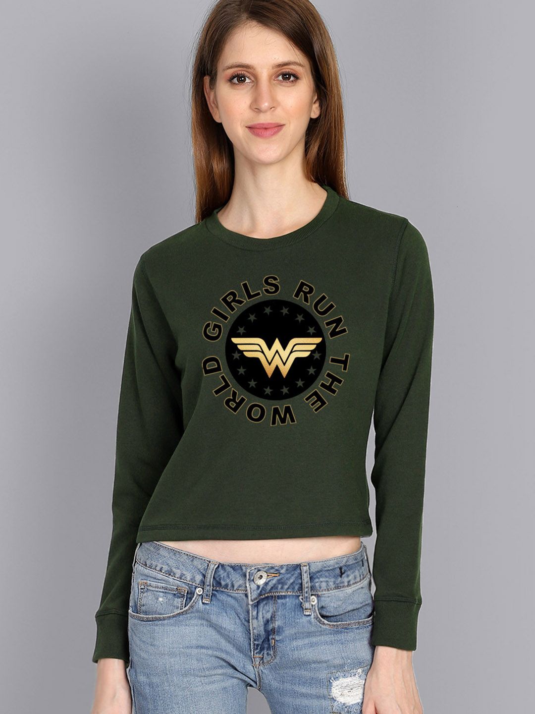 Free Authority Women Olive Green Wonder Woman Printed Sweatshirt Price in India