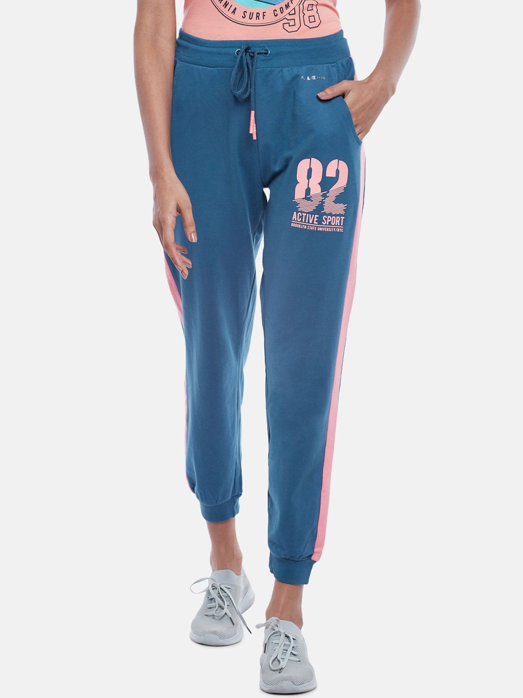 Ajile by Pantaloons Women Navy Blue & Pink Printed Pure Cotton Joggers Price in India