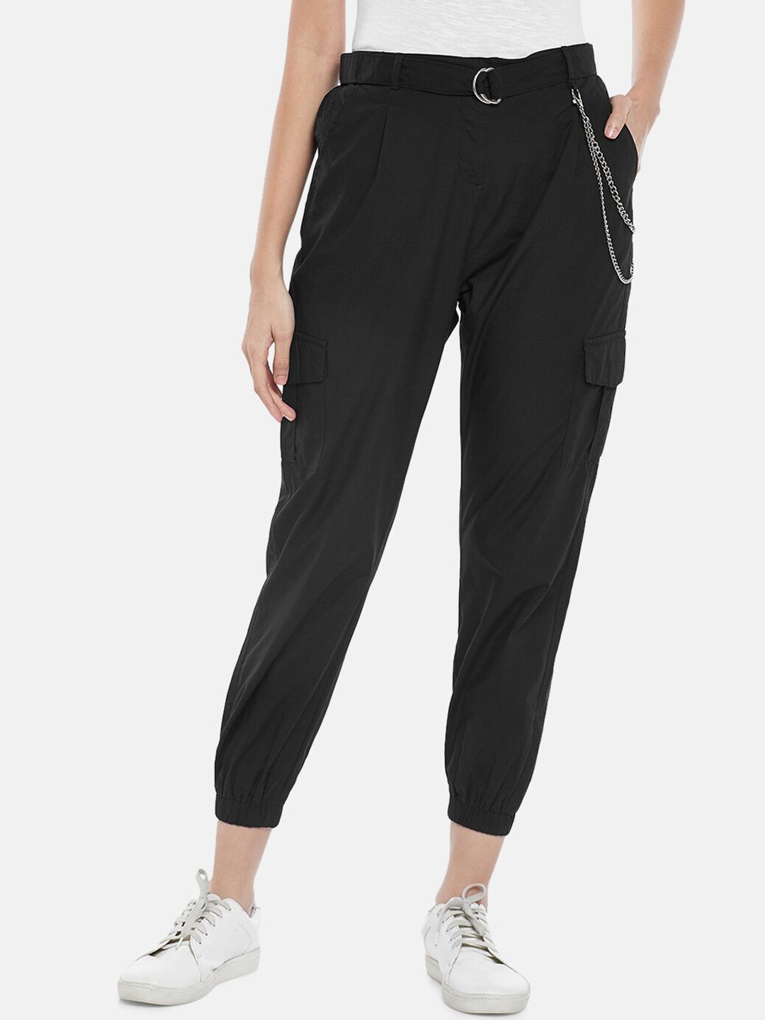 People Women Black Solid Joggers Trousers with Chain Price in India