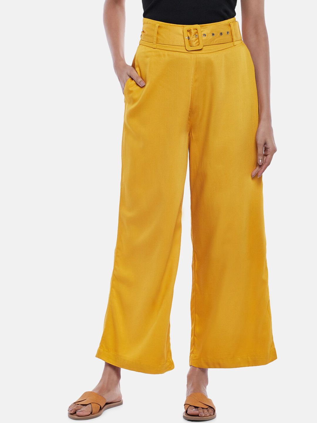 People Women Mustard Yellow Pure Cotton Trousers Price in India