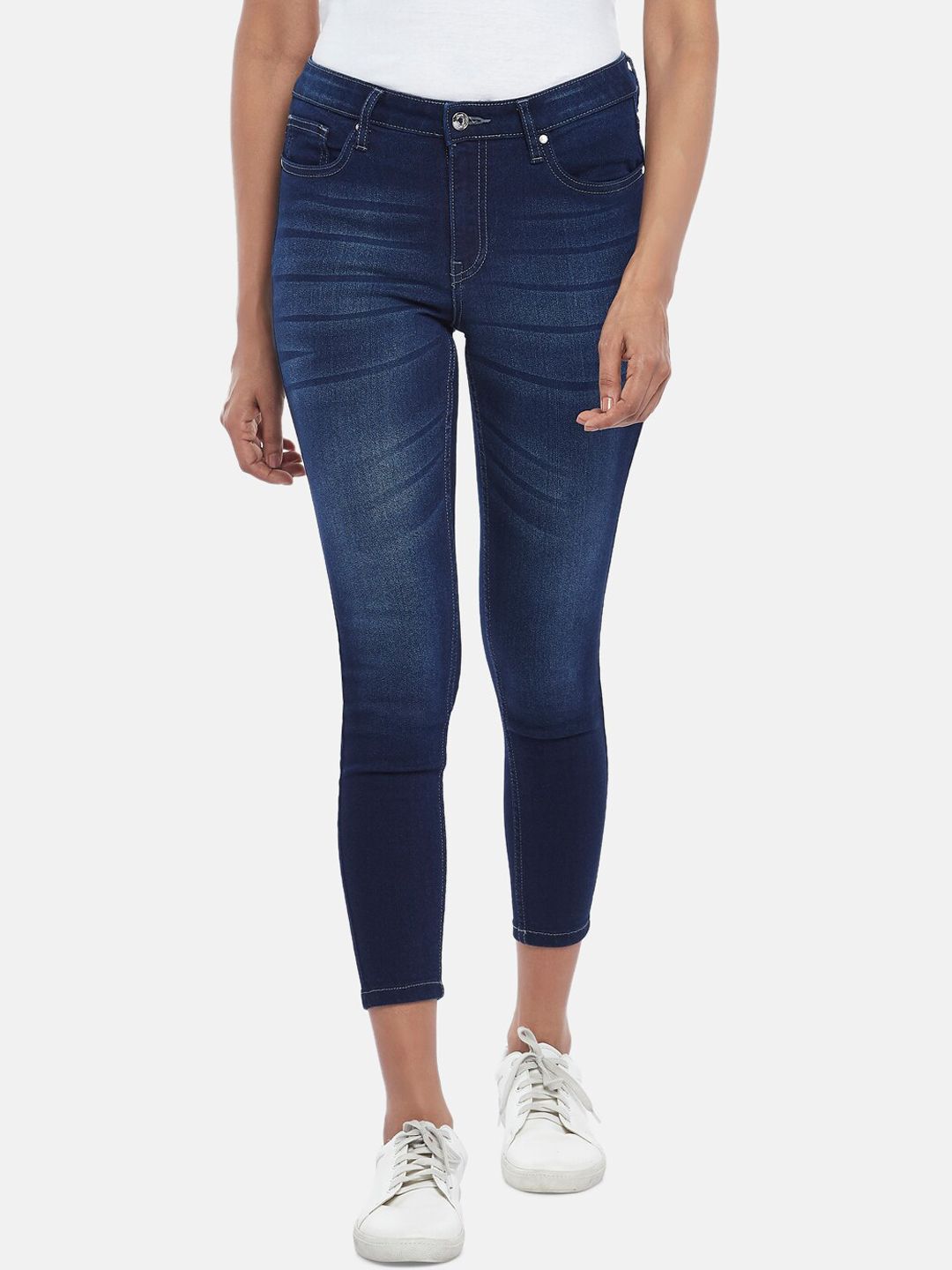 People Women Blue Skinny Fit Cotton Light Fade Cropped Jeans Price in India