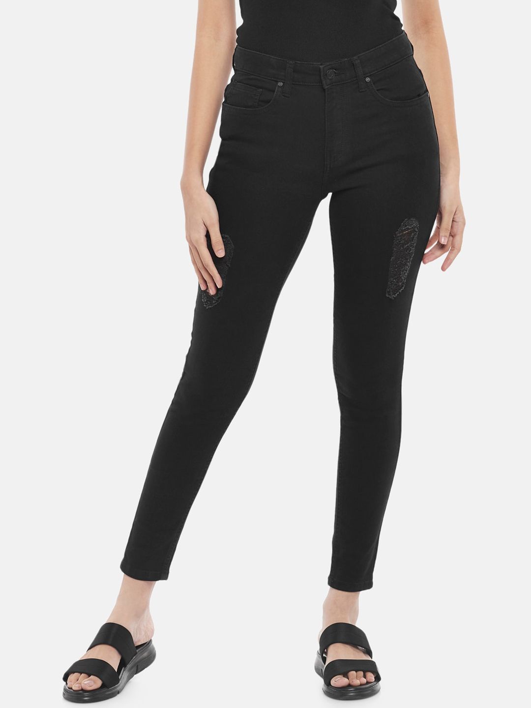 People Women Black Slim Fit Mildly Distressed Cotton Cropped Jeans Price in India