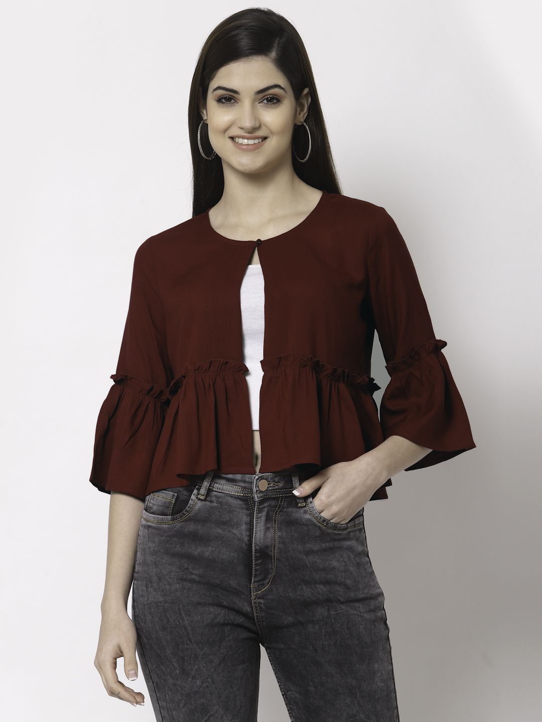Style Quotient Women Maroon Solid Cotton Open Front Crop Shrug Price in India