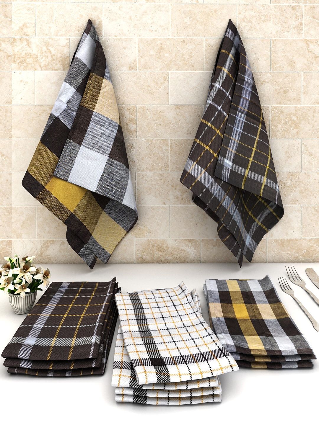 Athom Trendz Pack of 12 Checked Cotton Kitchen Towel Price in India