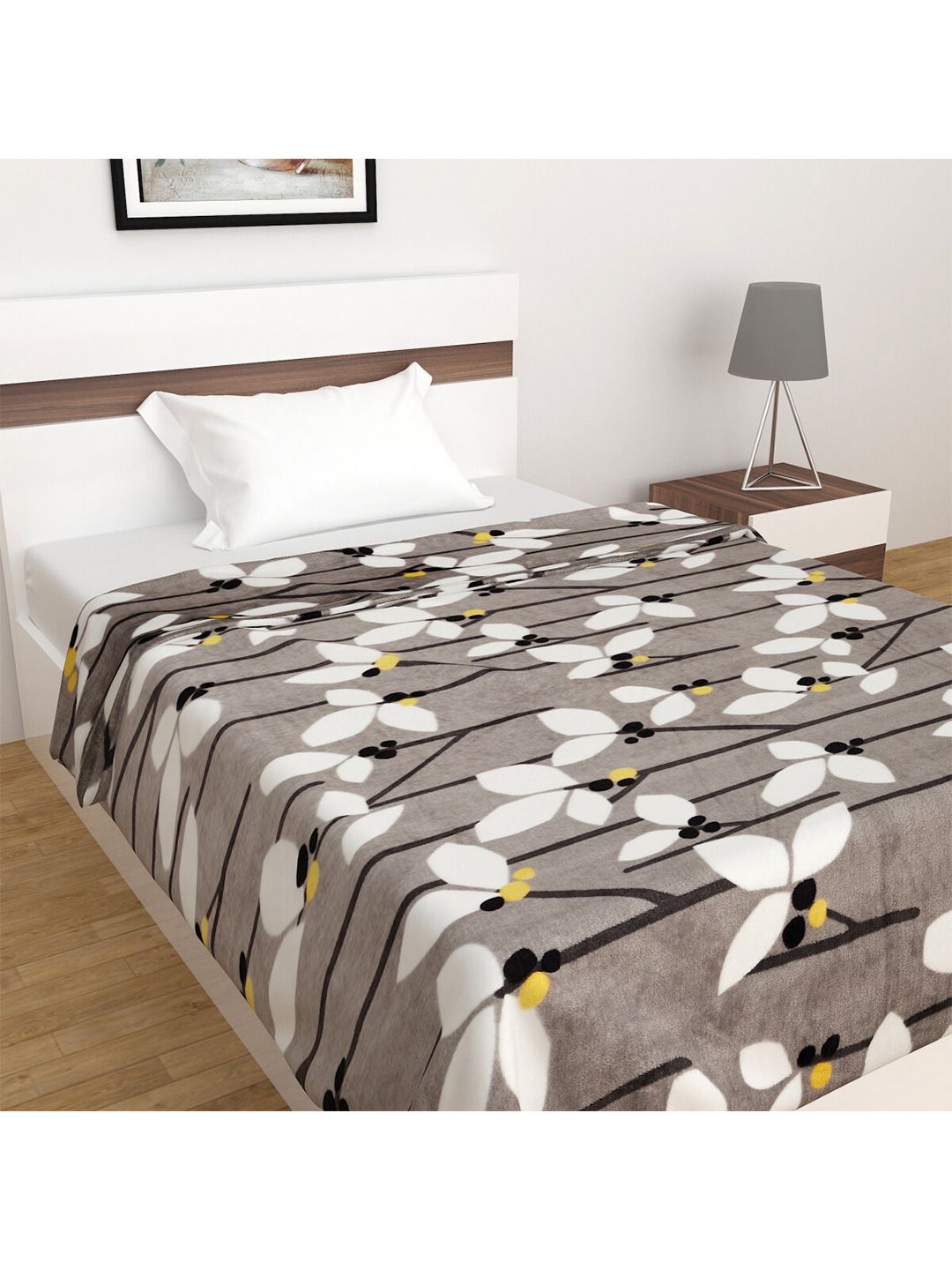Home Centre Grey & White Floral Printed Summer 210 GSM Single Bed Blanket Price in India