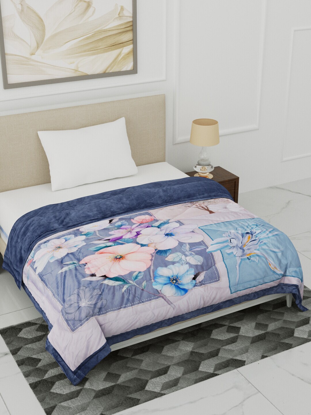 Home Fresh Grey & Blue Floral Heavy Winter Single Bed Comforter Price in India