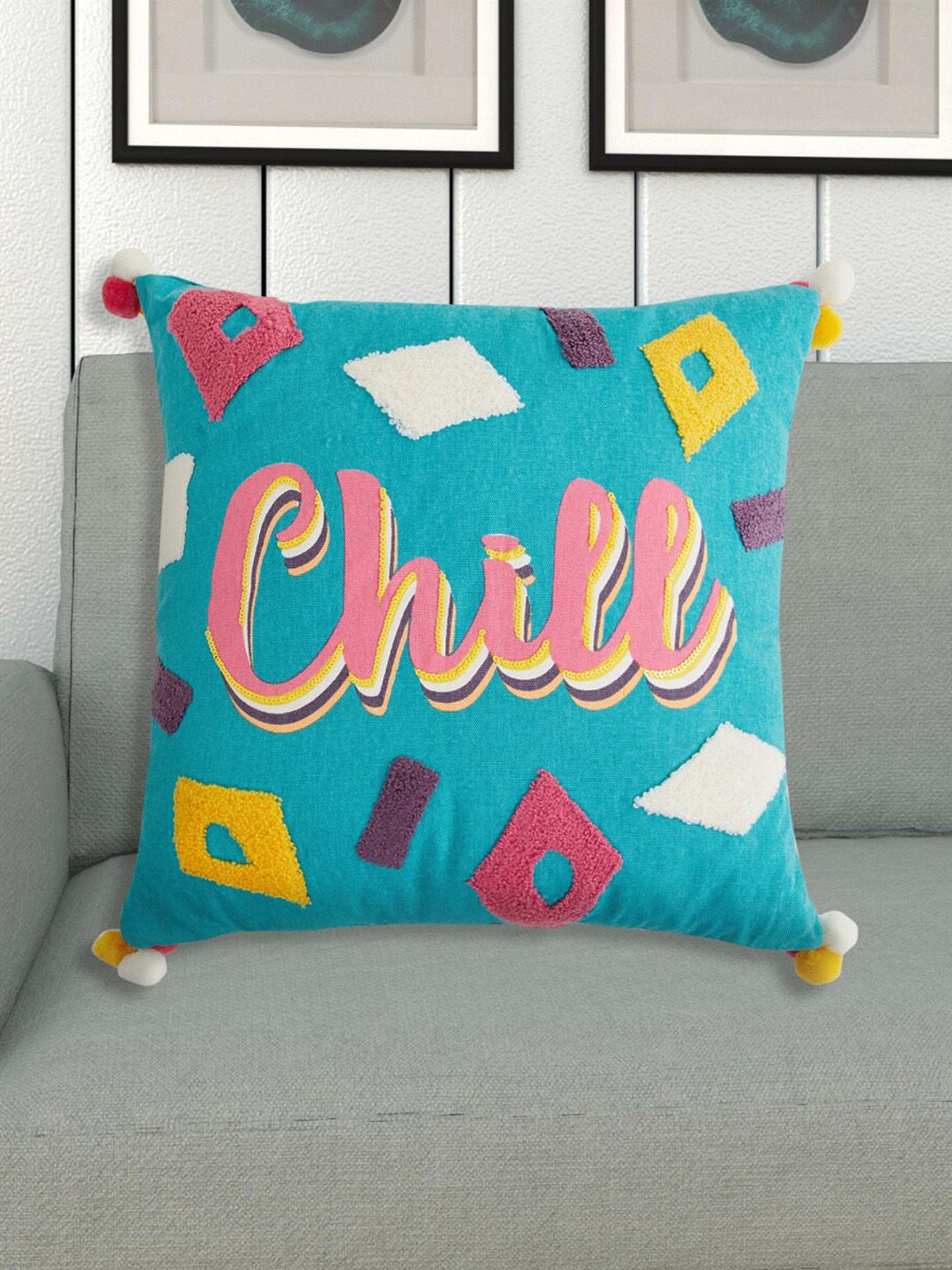 Home Centre Teal & Pink Printed Square Cotton Cushion Price in India