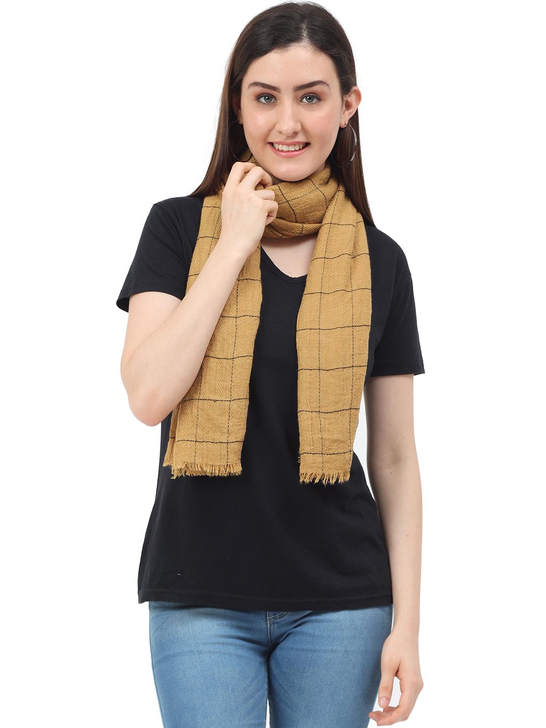 FabSeasons Women Mustard & Black Checked Scarf Price in India