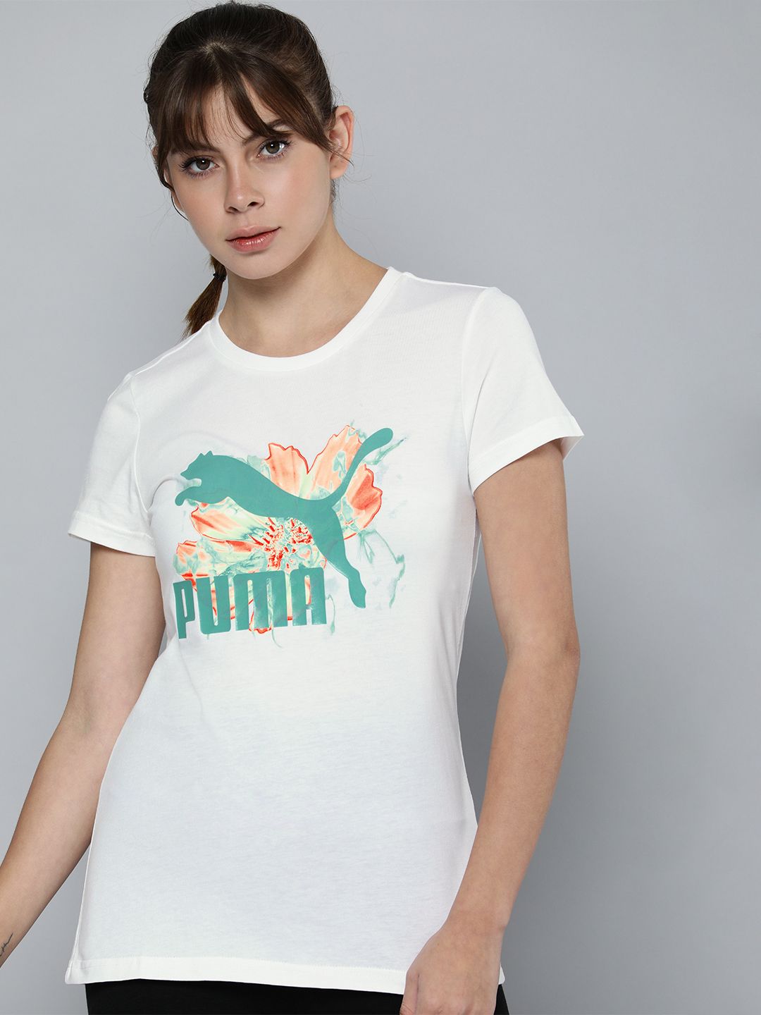 Puma Women White Graphic Printed Round-Neck Pure Cotton T-shirt Price in India