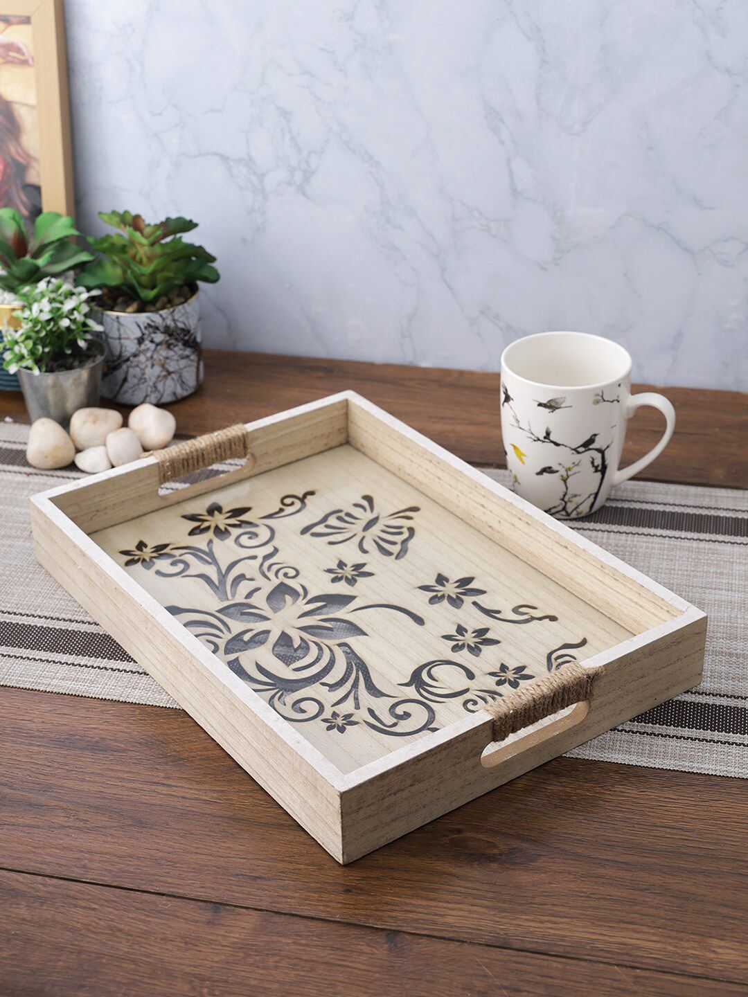 Aapno Rajasthan Beige Cutwork Handcrafted Wooden Tray Price in India