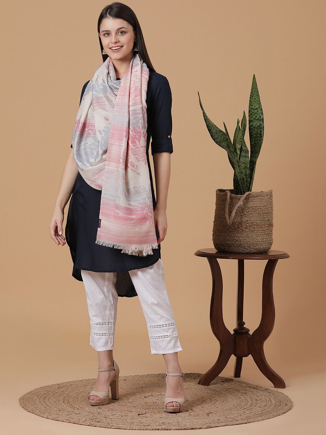 SHINGORA Women White & Pink Woven-Design Pure Woolen Shawl Price in India