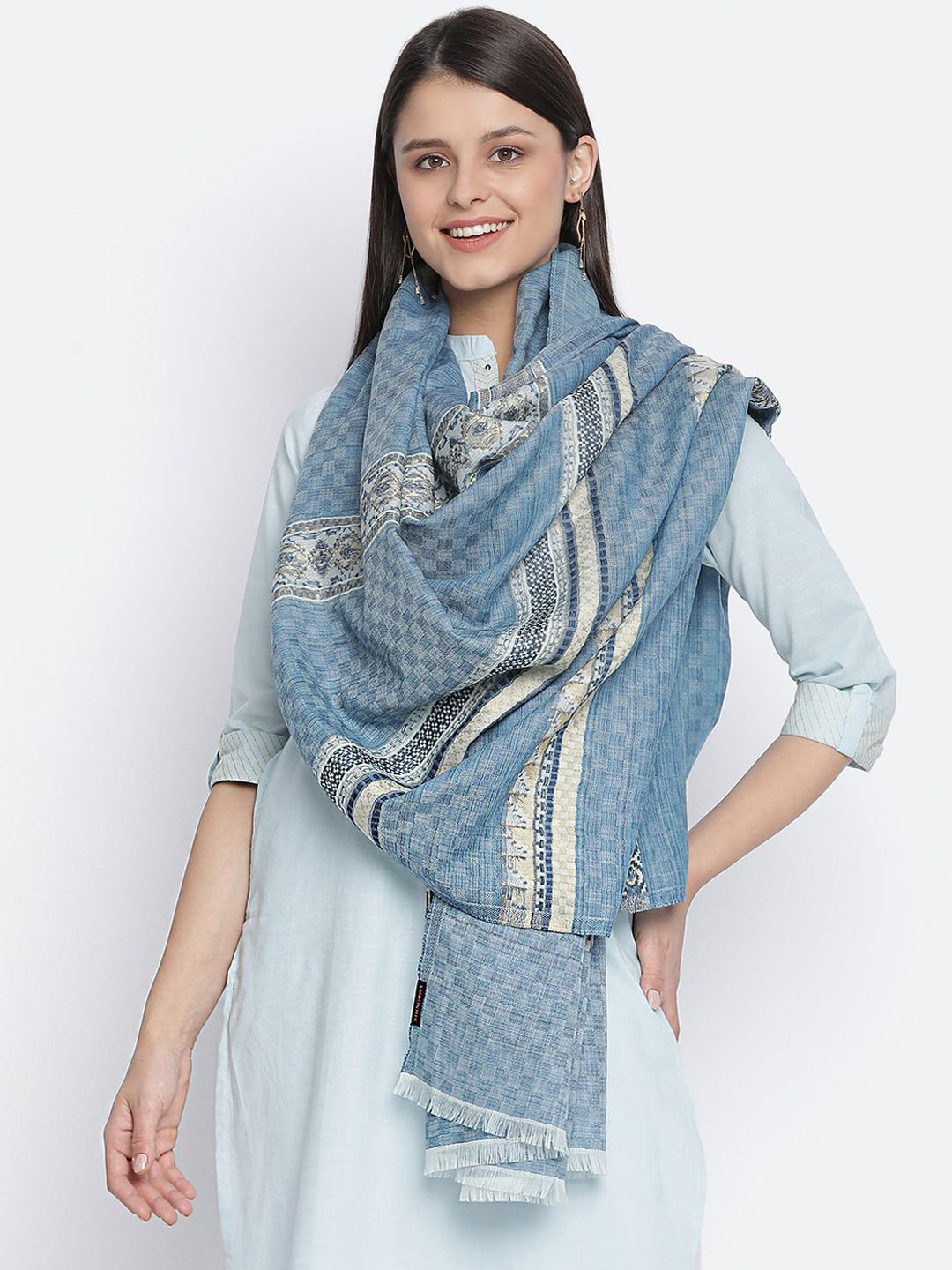 SHINGORA Women Blue & White Geometric Woven-Design Wool Shawl Price in India