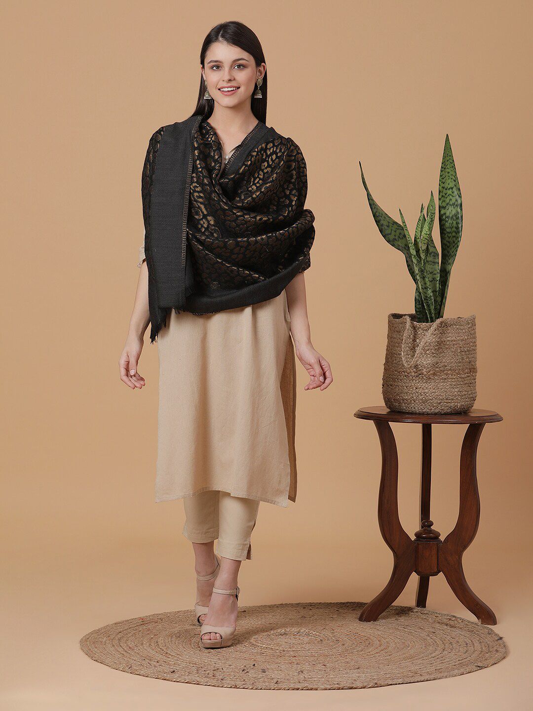 SHINGORA Women Black & Brown Woven-Design Shawl Price in India