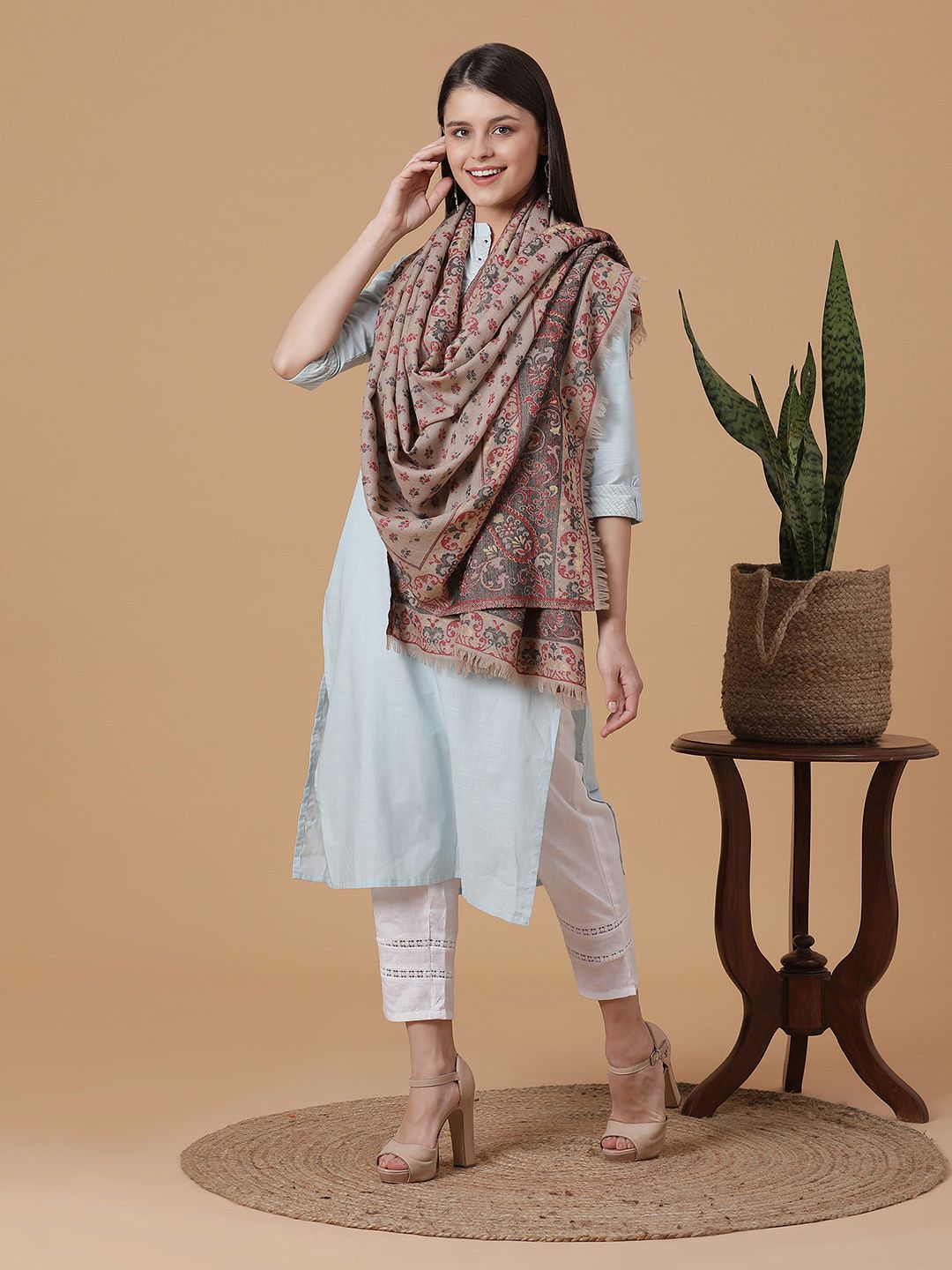 SHINGORA Women Beige & Red Woven-Design Shawl Price in India