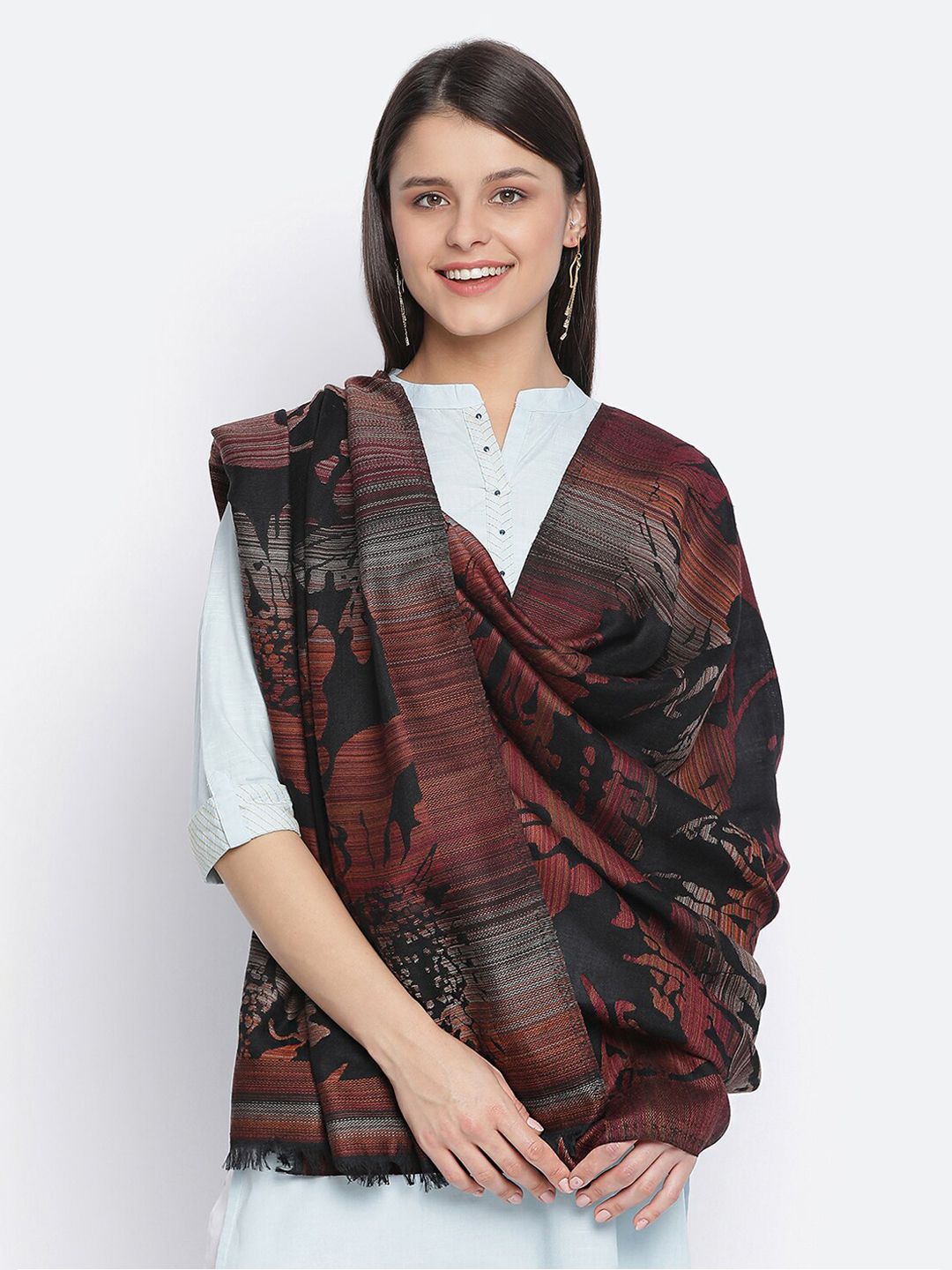 SHINGORA Women Black & Maroon Woven-Design Pure Woolen Shawl Price in India