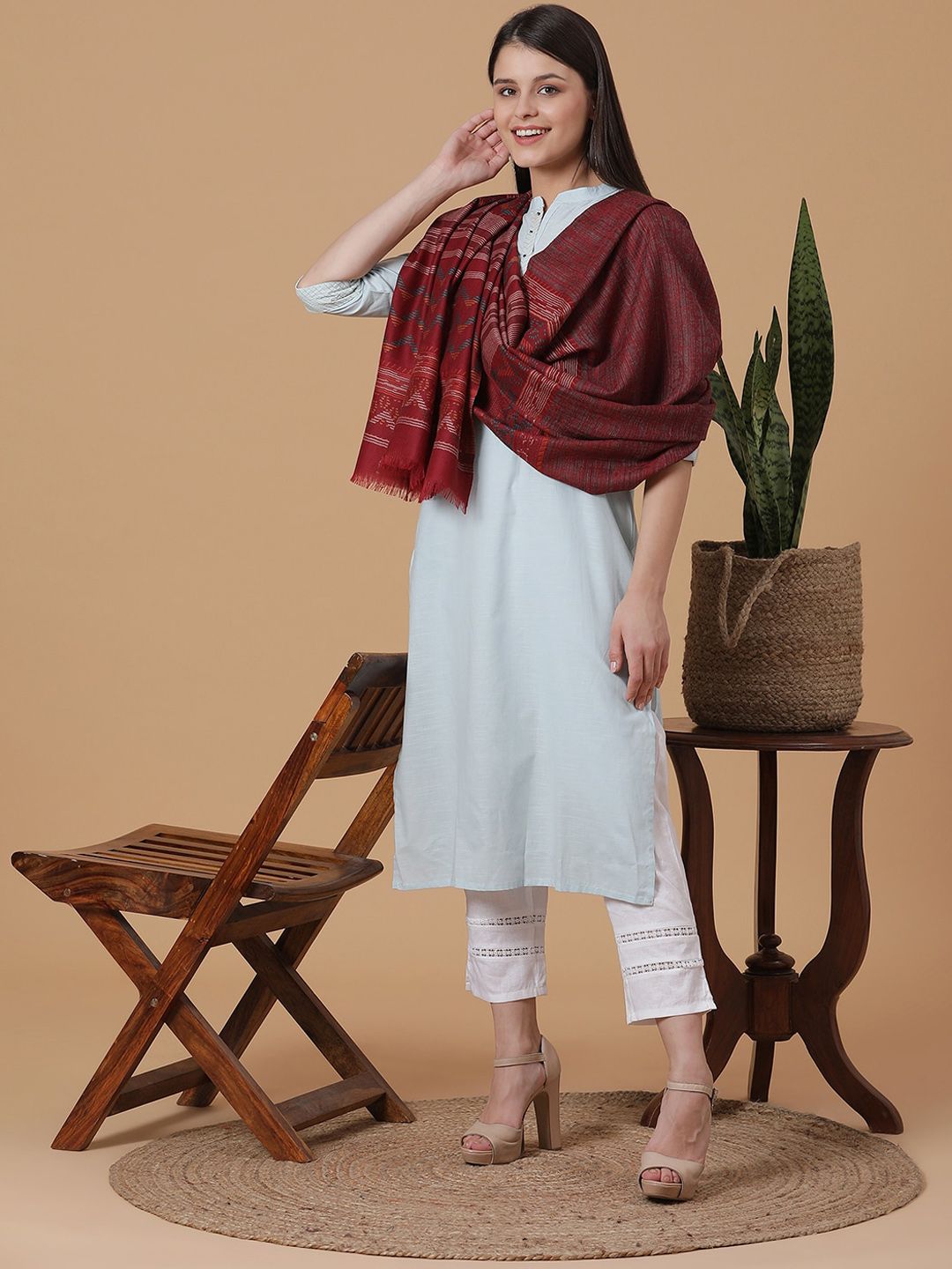 SHINGORA Women Maroon & Beige Woven-Design Pure Woolen Shawl Price in India