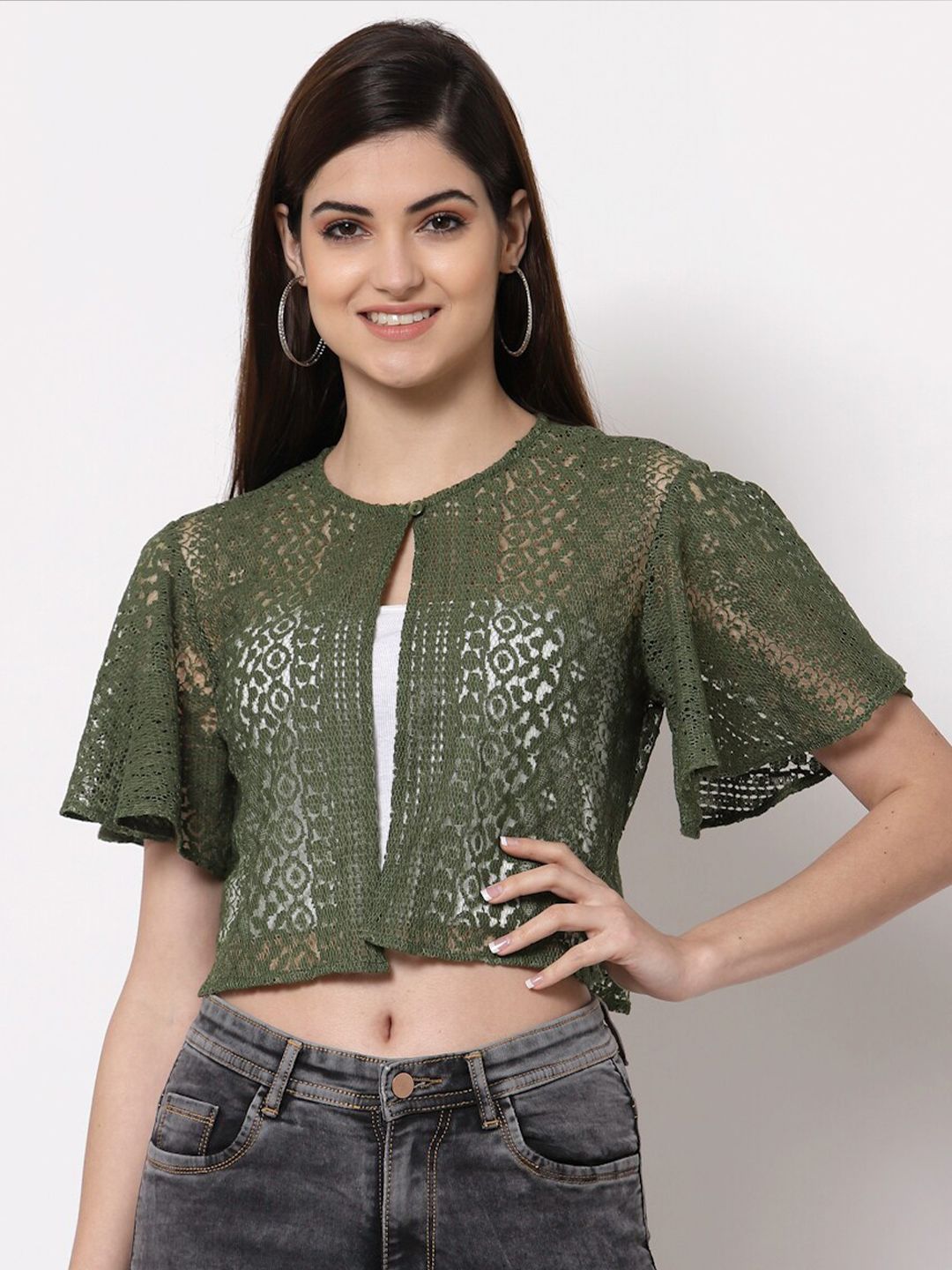 Style Quotient Women Olive Green  Sheer Button Crop Shrug Price in India