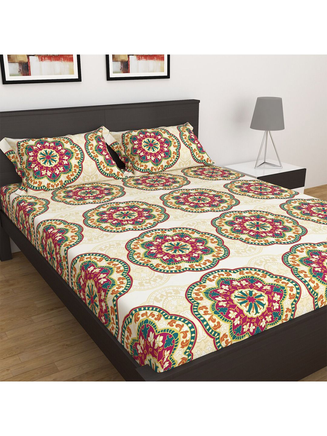 Home Centre Yellow & Red Ethnic Motifs Printed 100 TC King Bedsheet with 2 Pillow Covers Price in India
