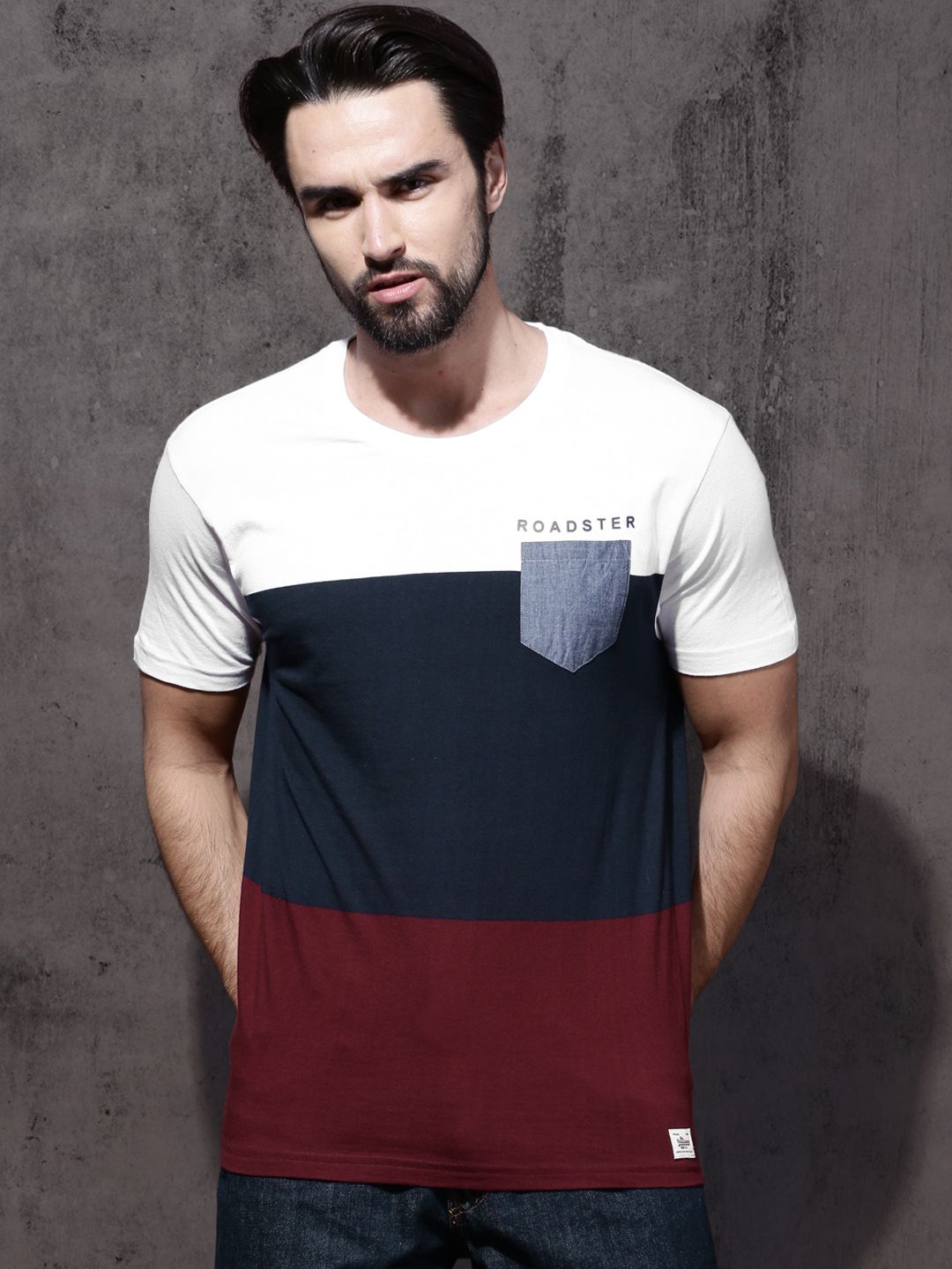 Roadster Men White & Navy Colourblocked T-shirt with Woven Pocket