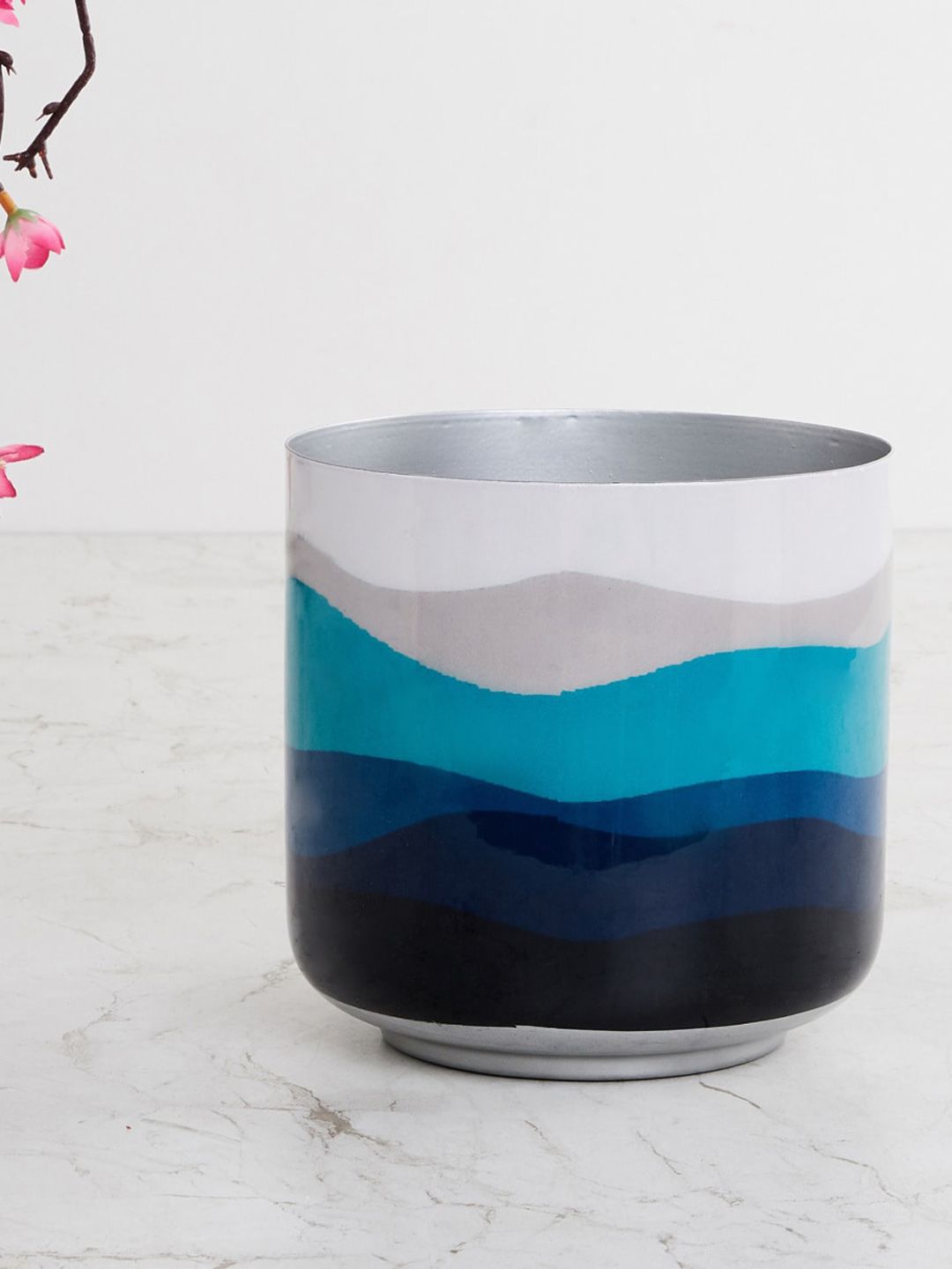 Home Centre Blue Colourblocked Metal Round Floor Planter Price in India