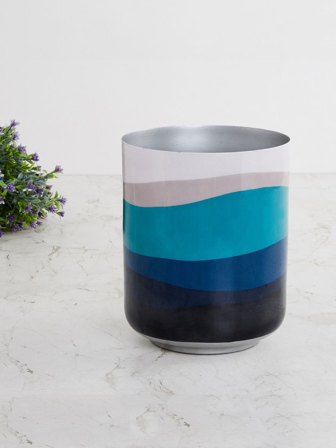 Home Centre Blue & White Colourblocked Metal Round Floor Planter Price in India