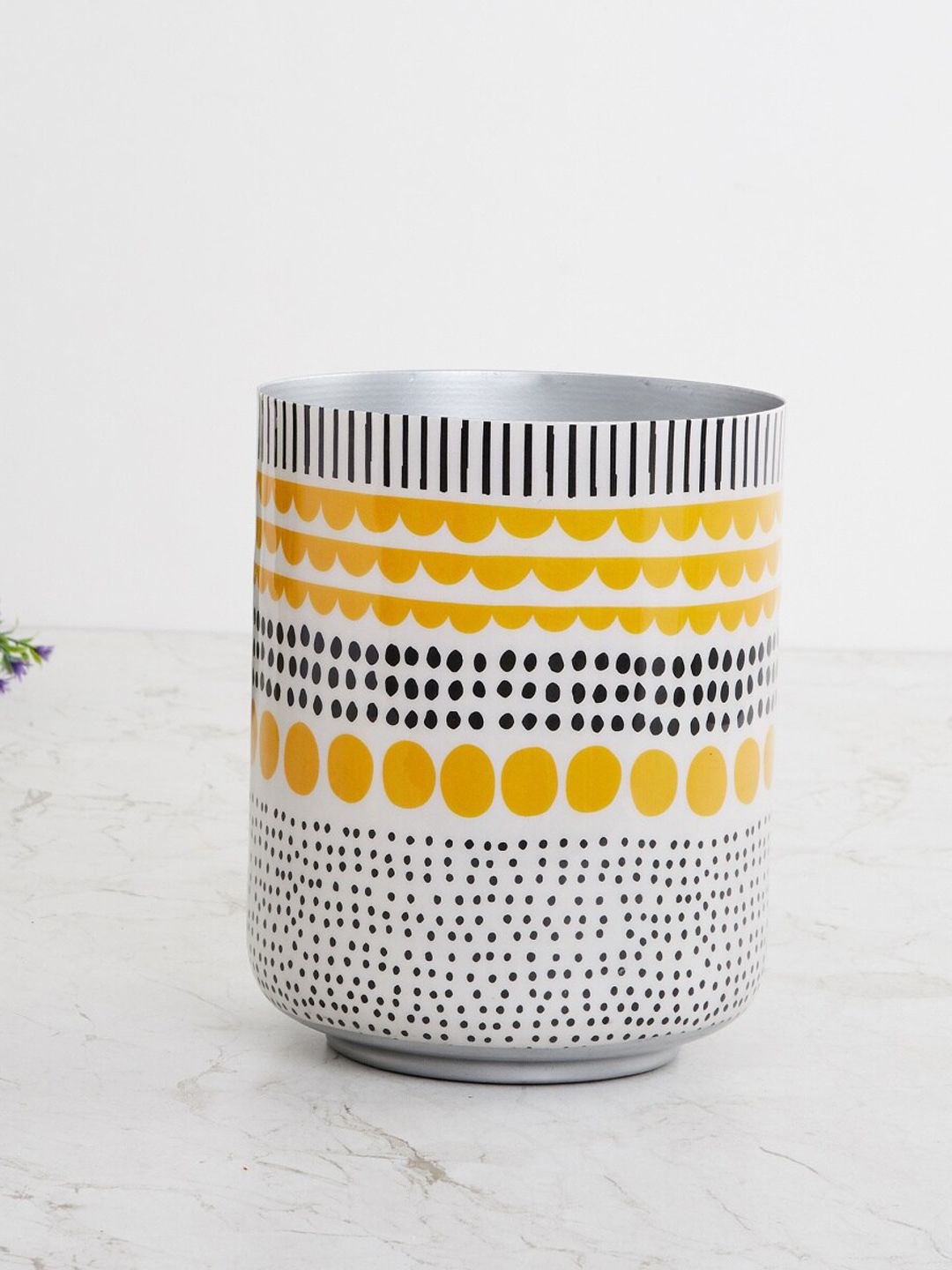 Home Centre White & Yellow Printed Metal Round Floor Planter Price in India