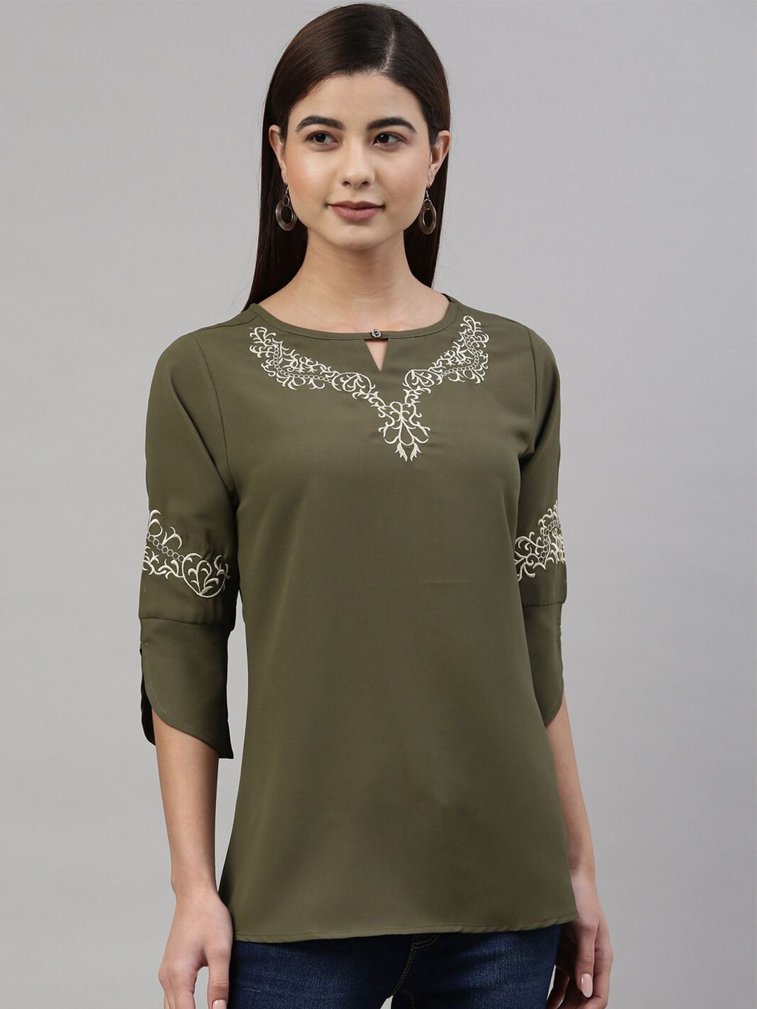 GOLDSTROMS Olive Green Embellished Keyhole Neck Top