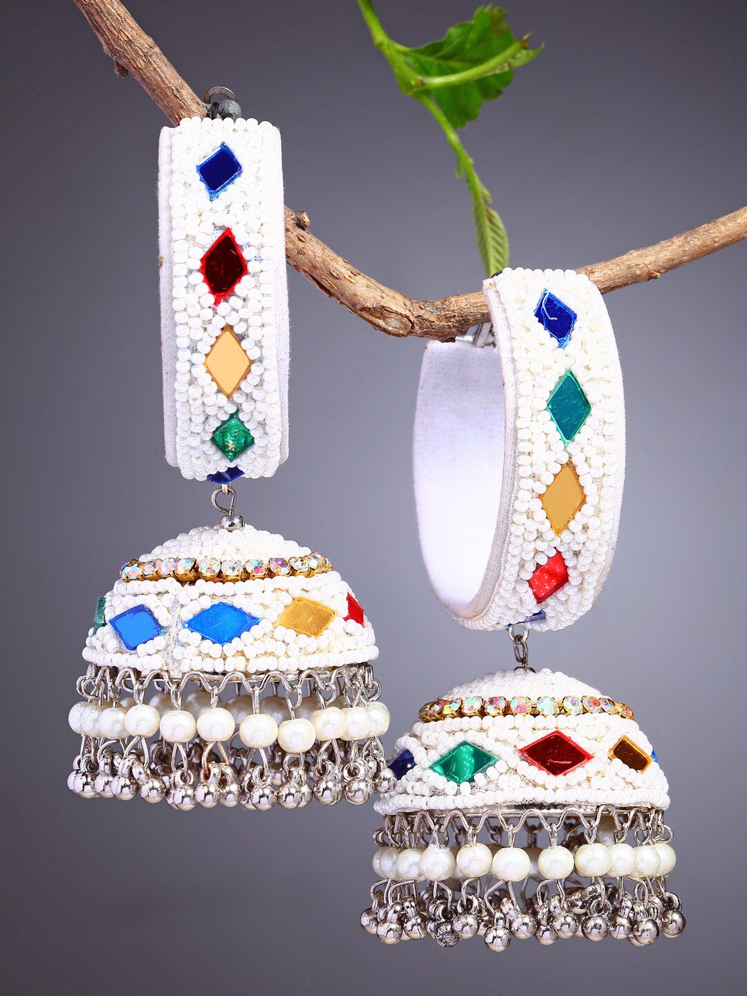 Moedbuille Off White Silver Plated Enameled Contemporary Jhumkas Earrings Price in India