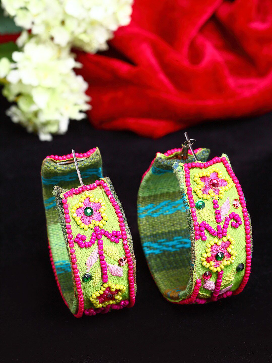 Moedbuille Silver-Plated Yellow & Pink Circular Hoop Earrings Price in India