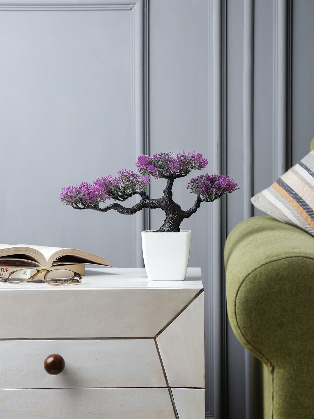 FOLIYAJ Purple 4 Head Bonsai Tree & Leaves With Pot Price in India
