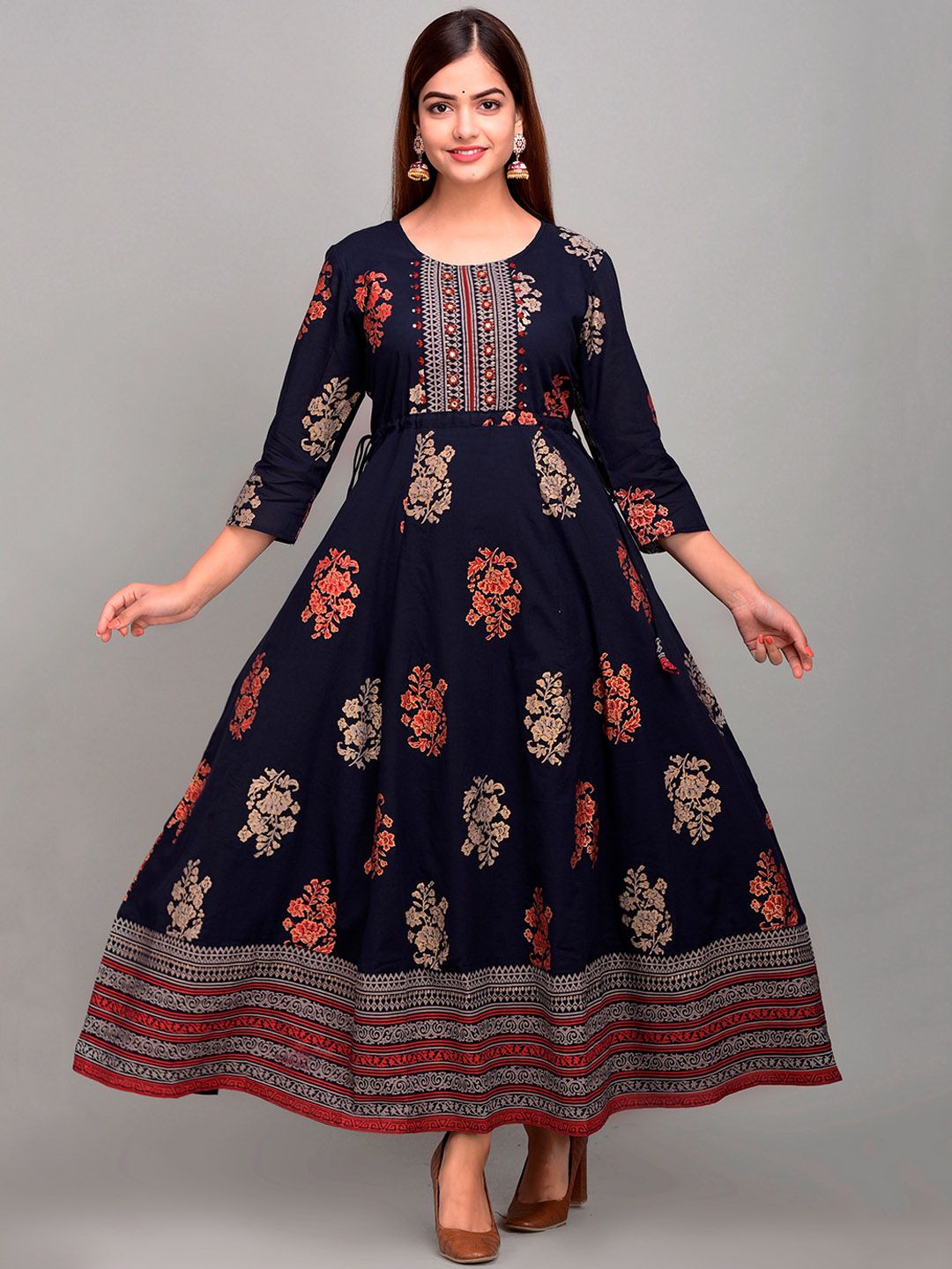 DIVYANK Women Navy Blue Floral Printed Gotta Patti Anarkali Kurta Price in India