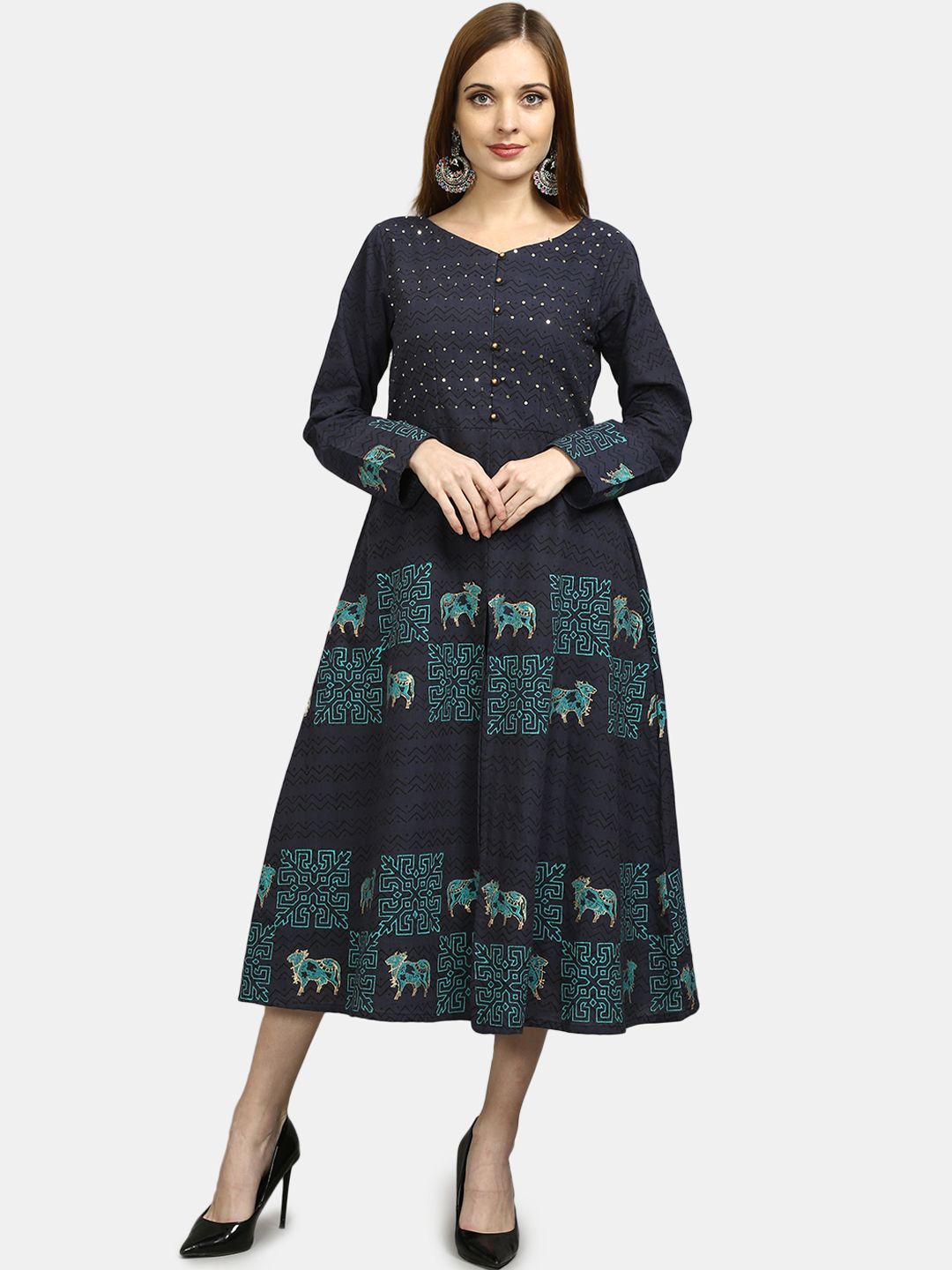 FLAVIDO Navy Blue & Teal Ethnic Motifs Printed Sequined Ethnic Cotton Midi A-line Dress Price in India