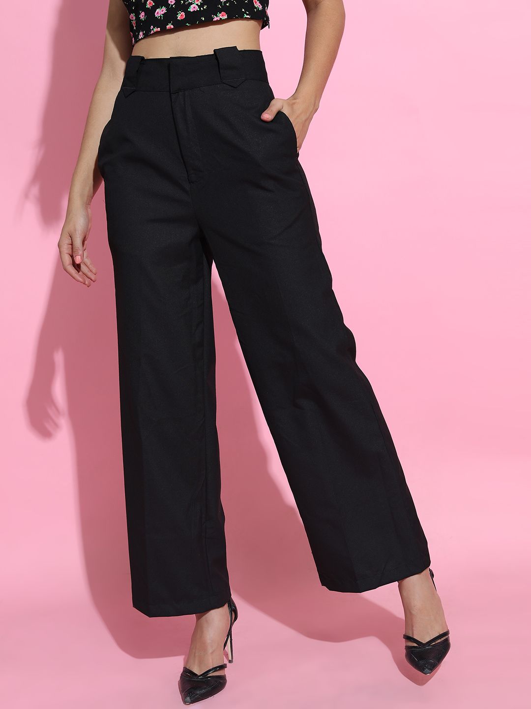 Tokyo Talkies Women Black Solid Flared Mid-Rise Plain Woven Flat-Front Regular Trousers Price in India