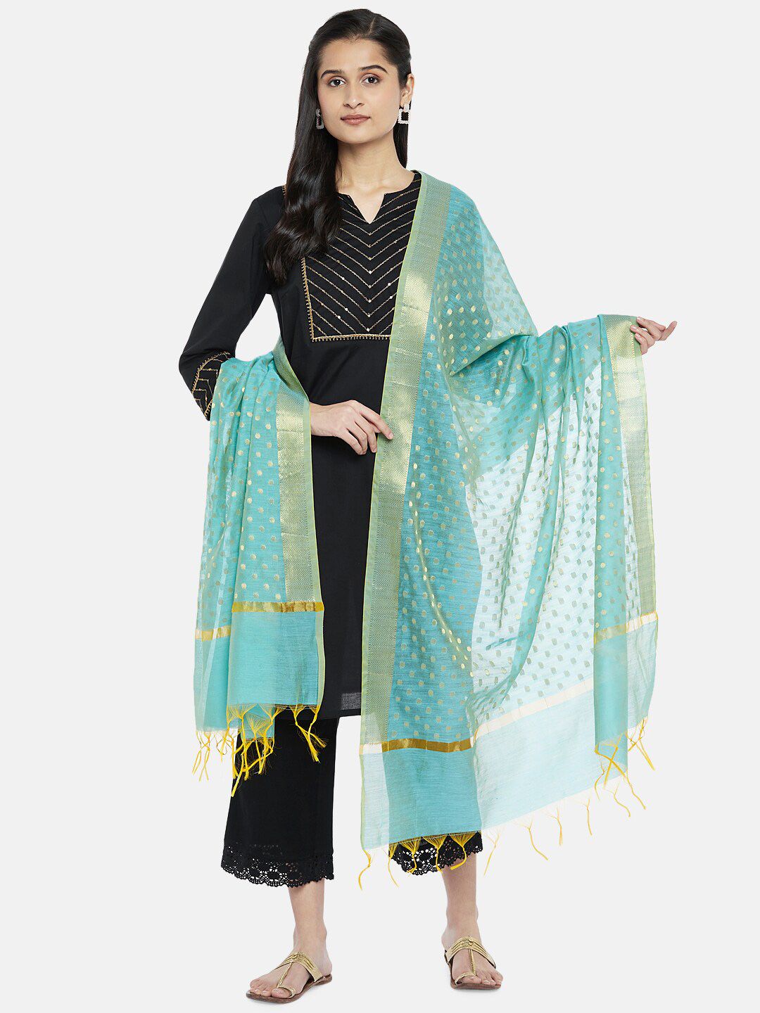 RANGMANCH BY PANTALOONS Turquoise Blue & Gold Woven Design Dupatta Price in India