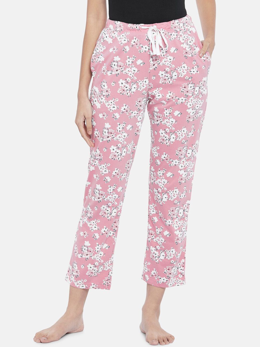 Dreamz by Pantaloons Women Pink & White Floral Printed Cotton Lounge Pants Price in India